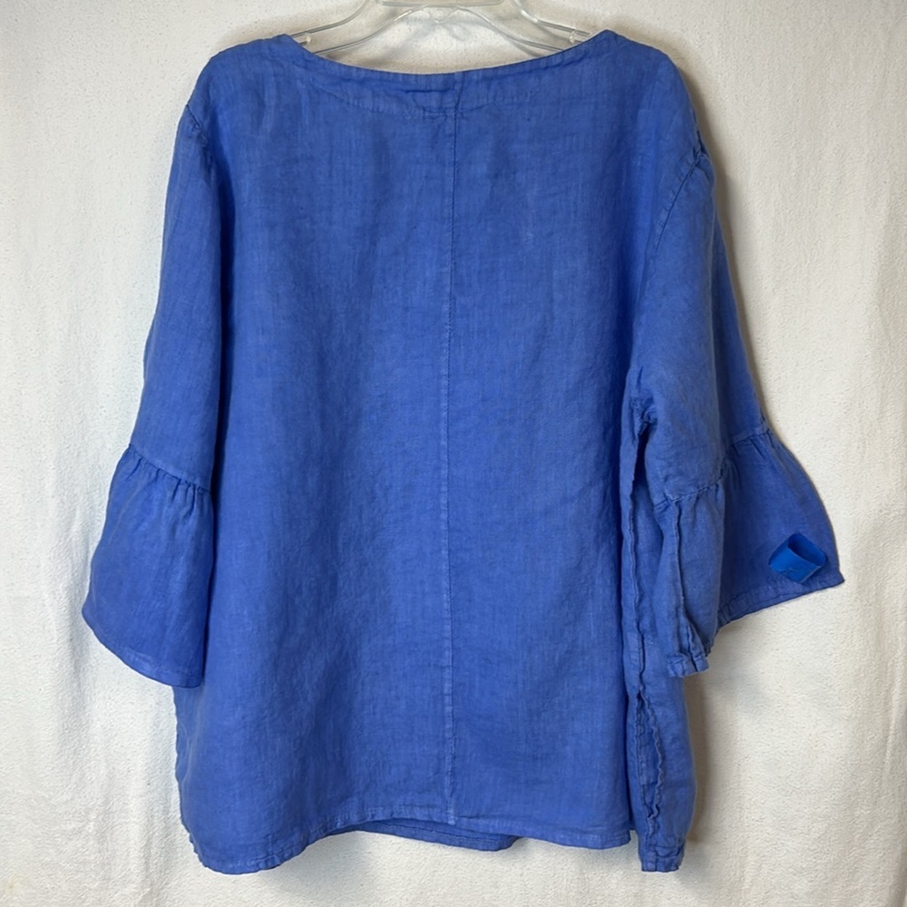 Brin D’ete Women's 100% Linen Top Periwinkle Blue XXL 3/4 Bell Sleeves Pockets - Picture 6 of 10